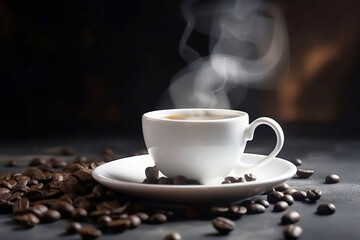 Fototapeta premium White Coffee Cup with Coffee Beans on Table. Top View Concept