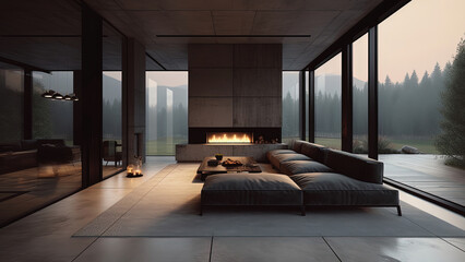 A minimalistic concrete interior living room accentuated by the panoramic forest view that is visible through the surrounding windows, photorealistic illustration, Generative AI