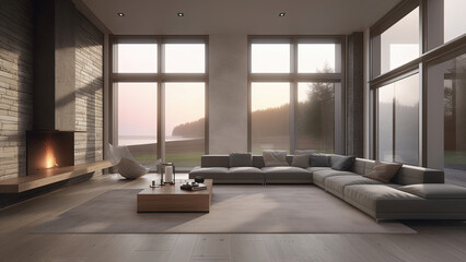 Fototapeta premium A oceanfront living room with a panoramic view of the water, surrounded by floor-to-ceiling windows and adorned with a cozy fireplace, photorealistic illustration, Generative AI
