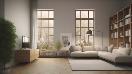 Fototapeta premium A bright and airy living room with a minimalistic white interior, flooded with natural light streaming in through large wood frame windows, photorealistic illustration, Generative AI