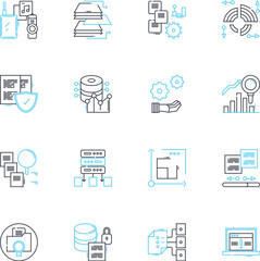 Workstations linear icons set. Efficiency, Ergonomic, Productivity, Customizable, Multitasking, Power, Performance line vector and concept signs. Reliability,Durability,Organization outline