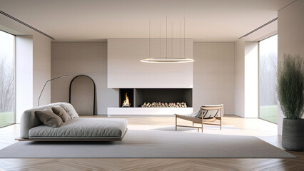 A minimalistic white living room with a fireplace and large sunlit windows offering views of the forest, photorealistic illustration, Generative AI