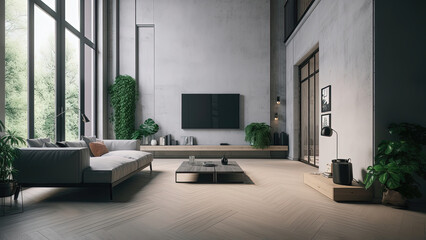 Fototapeta premium A sunlit loft with a minimalistic concrete interior, high ceiling, floor-to-ceiling windows, and plenty of green plants, photorealistic illustration, Generative AI