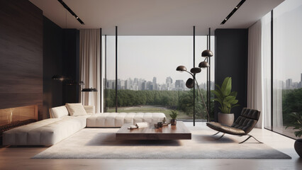 A living room in a hilltop house with panoramic views of the city and park, featuring a minimalistic interior with a dark wood finish, photorealistic illustration, Generative AI