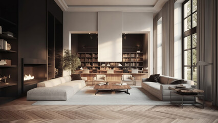 A spacious and sunlit living room with a high ceiling, large windows, a cozy fireplace, and bookcases filled with lots of books, photorealistic illustration, Generative AI