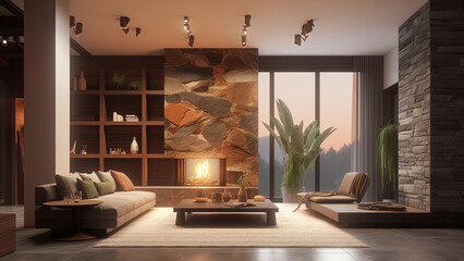 A cozy living room with stone walls, large windows offering a stunning view of the mountains, high ceiling, and adorned with various plants, photorealistic illustration, Generative AI