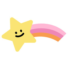 Illustration of happy shooting star with rainbow in pastel colours for cartoon, character, comic, mascot, spring and summer, print, sticker, picnic, nature, cute patches, shirt print, plush toy, png