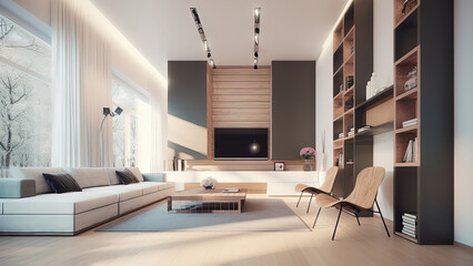 A bright and airy living room with a high ceiling, large windows, and a white minimalist interior, featuring stylish bookcases filled with books, photorealistic illustration, Generative AI