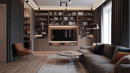 A small and cozy living room with a private feel, featuring a bookcase filled with books, plenty of natural sunlight, photorealistic illustration, Generative AI