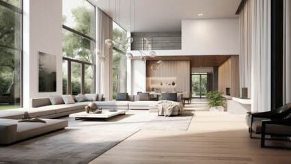 Fototapeta na wymiar A spacious and sunlit lounge with large windows that overlook a serene garden view, featuring minimalistic interior with a high ceiling. photorealistic illustration, Generative AI