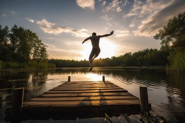 A Man Jumping Off A Dock Into A Lake At Sunset Or Sunrise Natural Hot Springs Time-lapse Photography Stock Photography Generative AI