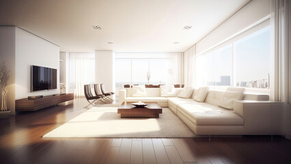 A high-rise apartment living room with stunning skyline view, white minimalistic interior, striking contrast with dark wood flooring, photorealistic illustration, Generative AI