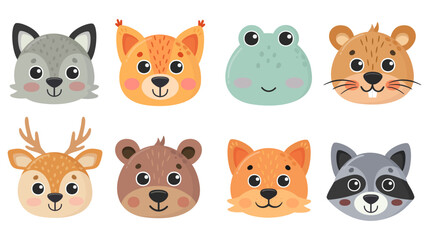 Forest animals set. Cute faces. Cute animal portraits. Hand drawn characters. Vector illustration.