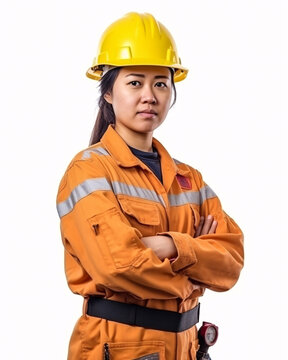 Young Female Oil Rig Worker, Construction worker, Miner, Mine Worker, Engineer on White Background