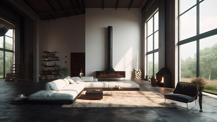 Naklejka na ściany i meble A spacious, sunlit open-plan living room with a high ceiling, large windows, a cozy fireplace, and minimalistic white walls and furniture, photorealistic illustration, Generative AI