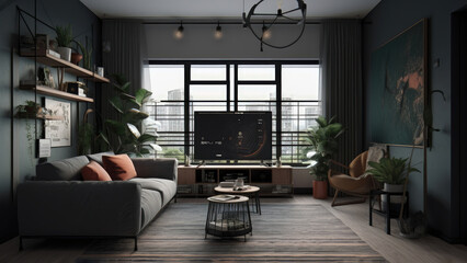 A cozy and private living room in a city apartment with a dark themed interior, accentuated by shelves and plants, photorealistic illustration, Generative AI