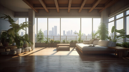 A sunlit living room with a city skyline view, surrounded by floor-to-ceiling glass windows and adorned with lots of plants in a high-rise building, photorealistic illustration, Generative AI