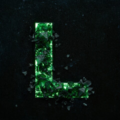 High quality photo of green colored capital letter L on a black textured background with black stones.