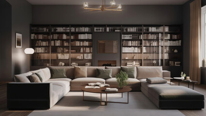 A sunlit living room with large windows and a dark-themed interior, featuring bookcases filled with numerous books, photorealistic illustration, Generative AI