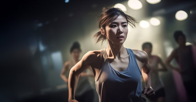 Promote women's health and fitness with this dynamic stock photo of a skilled woman leading an aerobic dance class in cool light tone. generative AI
