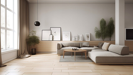 A sunlit living room with a large window, white interior, wood floor, and high ceiling, photorealistic illustration, Generative AI