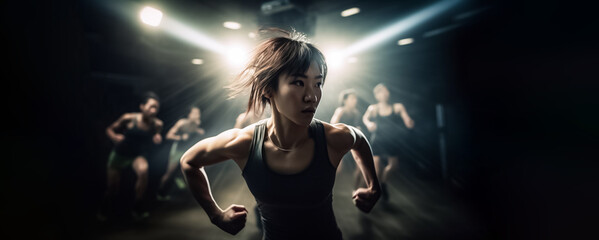 Promote women's health and fitness with this dynamic stock photo of a skilled woman leading an aerobic dance class in cool light tone. generative AI