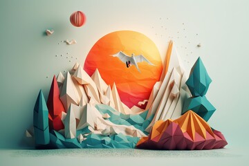 A Paper Cut Of A Mountain With A Bird Flying Over It Mountain Range At Sunrise Paper Cutting Set Design Generative AI