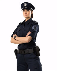 Young Female Police Officer in Uniform Standing on White Background