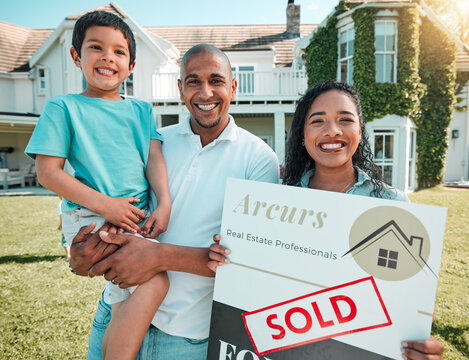 Mother, father and child in property, real estate or billboard of happy family for new home, sold or investment. Portrait of mom, dad and son holding billboard of mortgage asset, homeowner or house