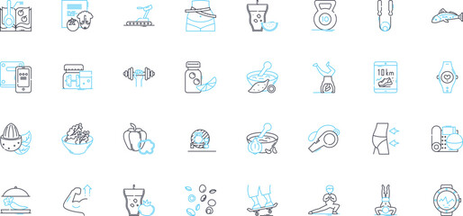 Wellness nutrition linear icons set. Health, Nutrition, Wellness, Energy, Vitality, Balance, Diet line vector and concept signs. Fitness,Hydration,Nutrients outline illustrations