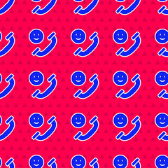 Blue Incoming call on mobile phone icon isolated seamless pattern on red background. Friends call. Vector