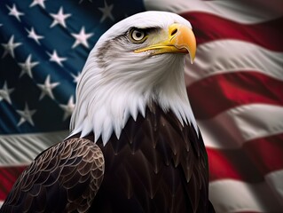 Bald Eagle with USA Flag in the background. Generative AI