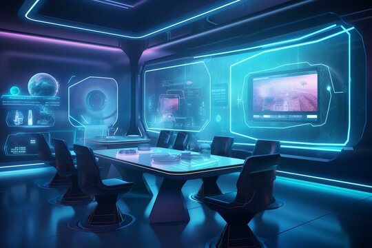 illustration of futuristic restaurant with hologram or smart panel interface for customer to use. Generative AI