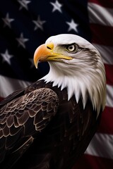 Obraz premium Bald Eagle with USA Flag in the background. Generative AI