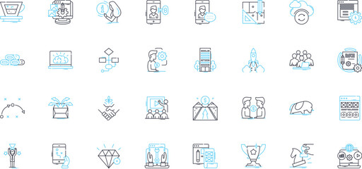 Company development linear icons set. Growth, Expansion, Innovation, Strategy, Vision, Progress, Transformation line vector and concept signs. Advancement,Adaptability,Agility outline illustrations