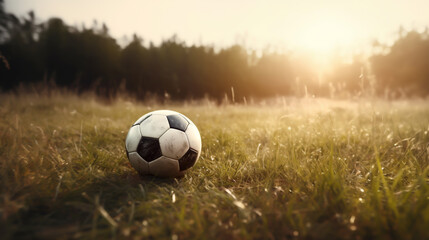 Fototapeta na wymiar Soccer football sitting on a grass field at sunset, shallow depth of field, Illustrative Generative AI