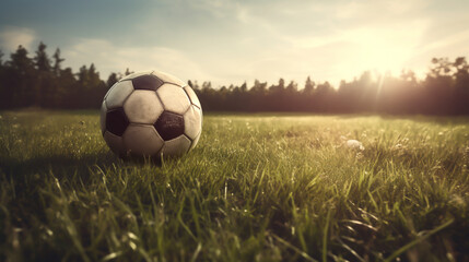 Soccer football sitting on a grass field at sunset, shallow depth of field, Illustrative Generative AI