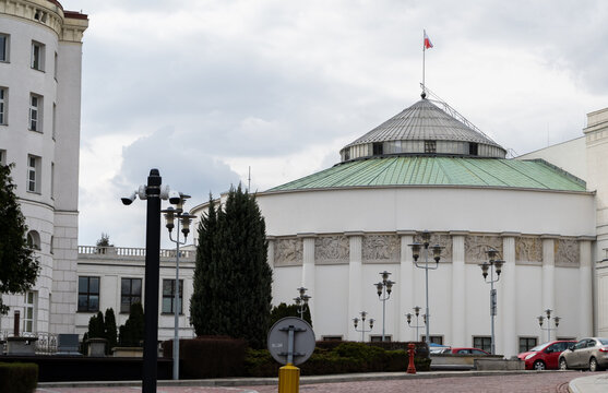 Sejm building on Wiejska street in Warsaw. Sejm and Senate complex, oval meeting hall. House of the bicameral Polish parliament on March 24, 2023 in Warsaw, Poland.