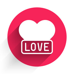White Heart icon isolated with long shadow background. Romantic symbol linked, join, passion and wedding. Happy Valentines day. Red circle button. Vector