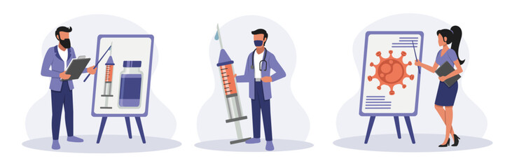 Set of cartoon characters of people engaged in inventing vaccines