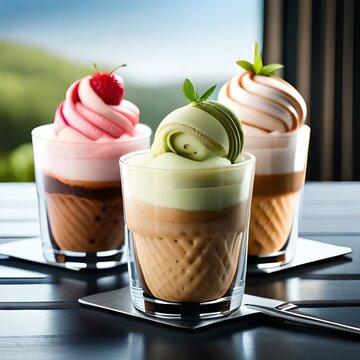 Ice cream with cups and glasses of various colors cool and delicious taste blur background, concept for cafe, restaurant, resort, website, business, company, beverage product. Image from Ai Generative