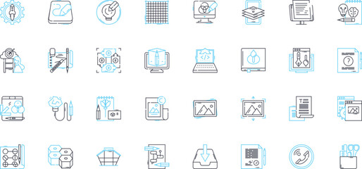 Central hub linear icons set. Connectivity, Nerking, Convergence, Centralization, Integration, Unification, Organization line vector and concept signs. Coordination,Conduit,Pivotal outline