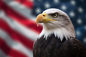 Obraz premium Bald Eagle with USA Flag in the background. Generative AI