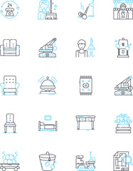 Stay perks linear icons set. Complimentary, Amenities, Room service, Concierge, Housekeeping, Pool, Fitness line vector and concept signs. Spa,Wi-Fi,Breakfast outline illustrations