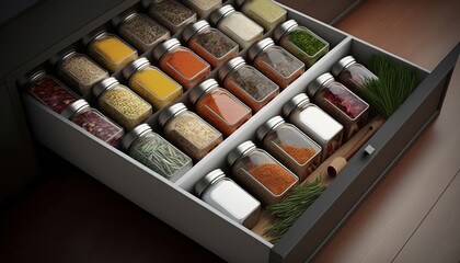 beautiful, sophisticated storage of herbs in the kitchen