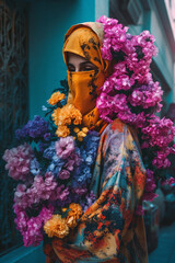 beautiful fashion modern  girl with hijab scarf, and cool make up surrounded by floral scene, vibrant pop contemporary colors, generative ai illustration