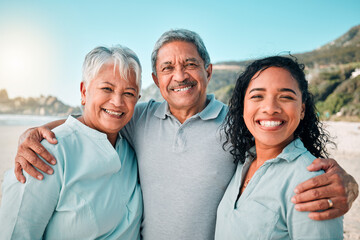 Senior parents, daughter and smile on beach, hug and happiness in summer vacation together outdoors. Portrait of happy women, man and excited face hugging and smiling on family holiday at the ocean