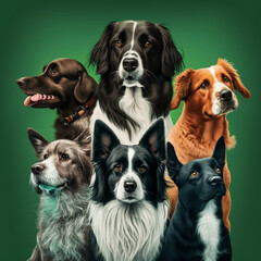 Dogs of different breeds on a green background. Generative AI.
