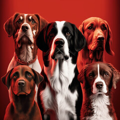 Dogs of different breeds on a red background. Generative AI.