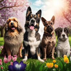 Dogs of different breeds on a park. Generative AI.